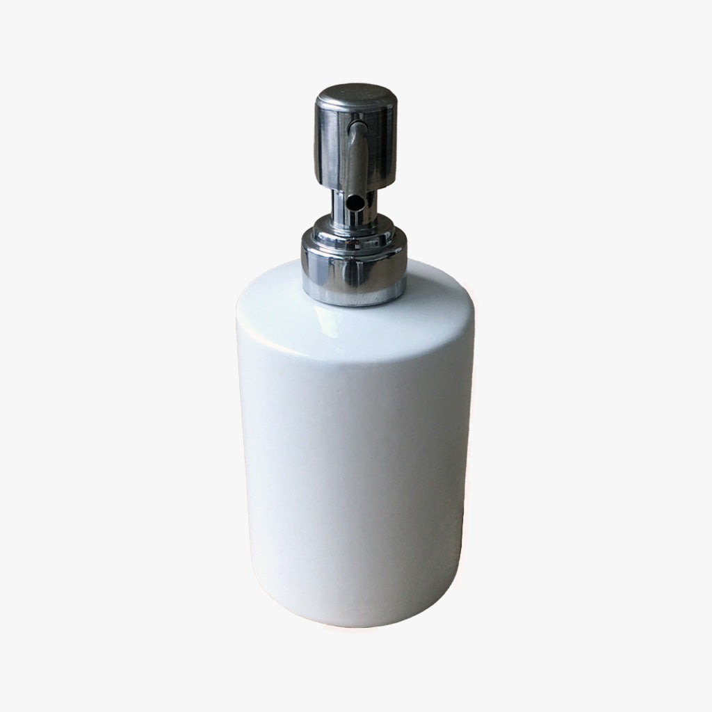 Cylinder Bathroom Soap Pump, white is a simple and affordable ceramic soap pump with metal pump in a chrome finish.