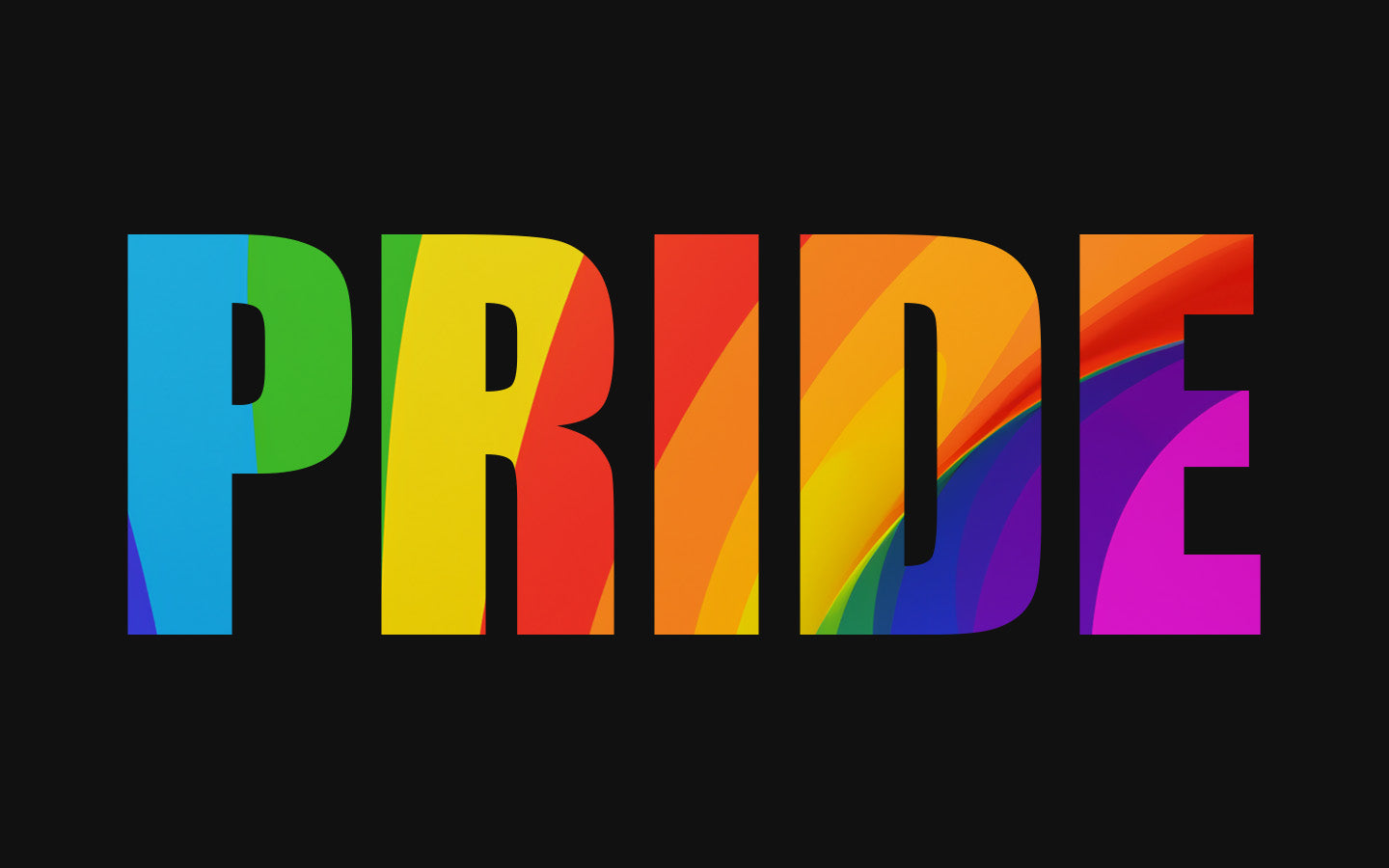 Pride cut out font on black background with pride colour gradient